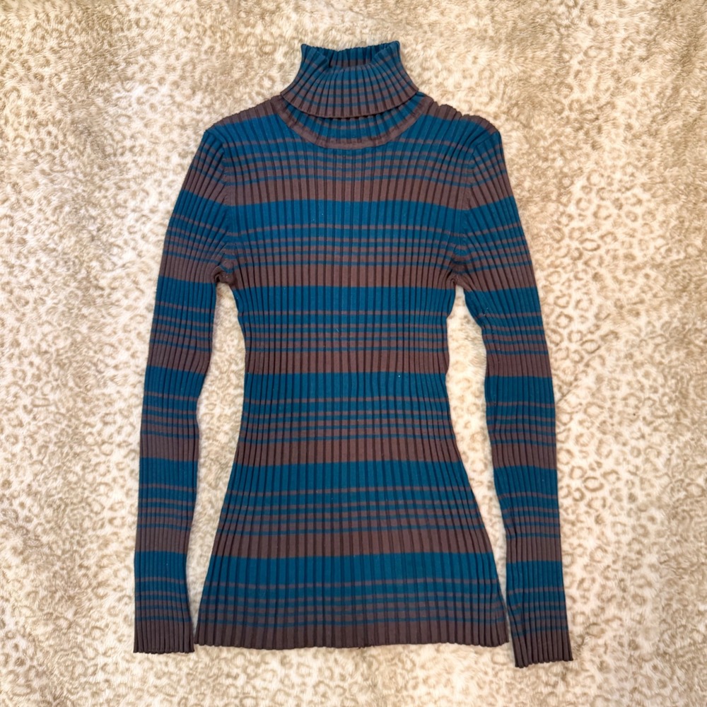 Vintage Its Our Time Striped Turtleneck Sweater Blue Brown Ribbed Womens Large